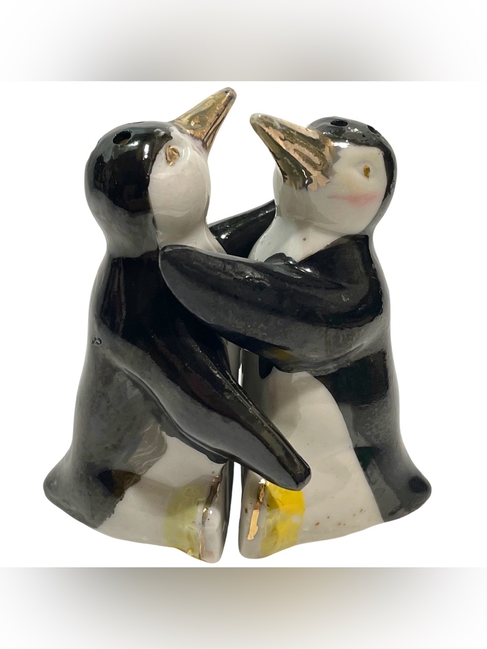 Vintage 1950s Kitschy Penguin Hugging Ceramic Salt and Pepper Shakers Set Japan